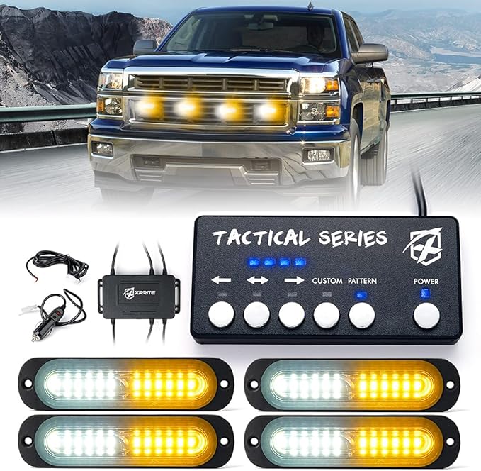 Xprite LED Surface Mount Strobe Lights Kit, White Amber Grill Grille Emergency Warning Marker Flashing Light with Control Box for Trucks Vehicles ATV RV Cars Van - 4PCS