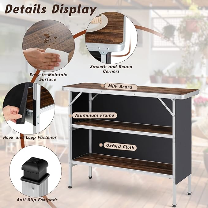 Giantex Portable Bar Table for Events, Folding Mobile Bartending Station with Storage Shelves, Removable Privacy Skirt, Carrying Case, for Parties, Catering, Trade Shows (Coffee, 43.5''L x 34.5''H)