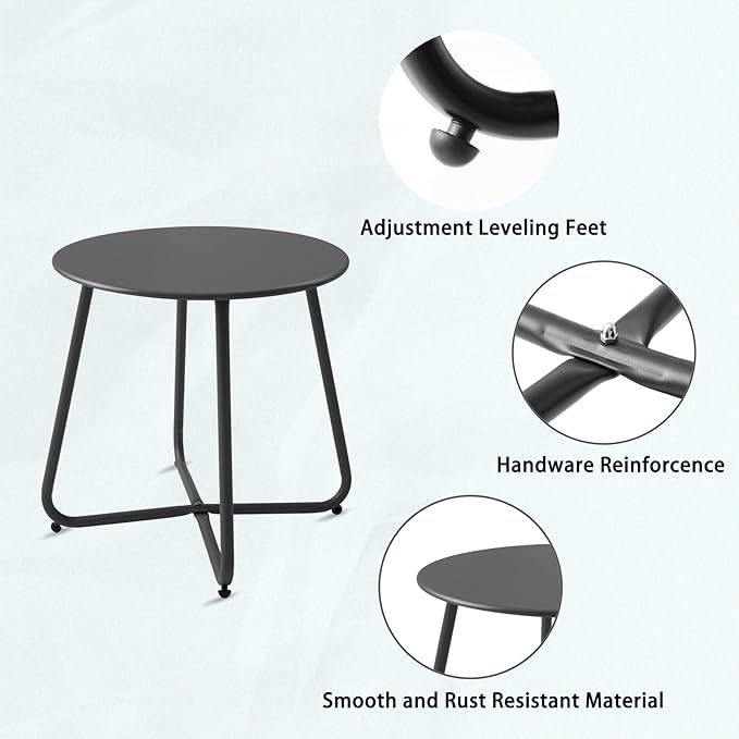 Patio Small Side Table Waterproof Round Metal Steel Weather Resistant Portable Outdoor and Indoor End Table for Garden Balcony Yard, Black