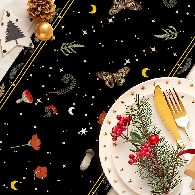 Moth Burlap Table Runner Seasonal Spring Fall Kitchen Dining Linen Table Decoration for Indoor Outdoor Home Party Dinner 13x72 Inch