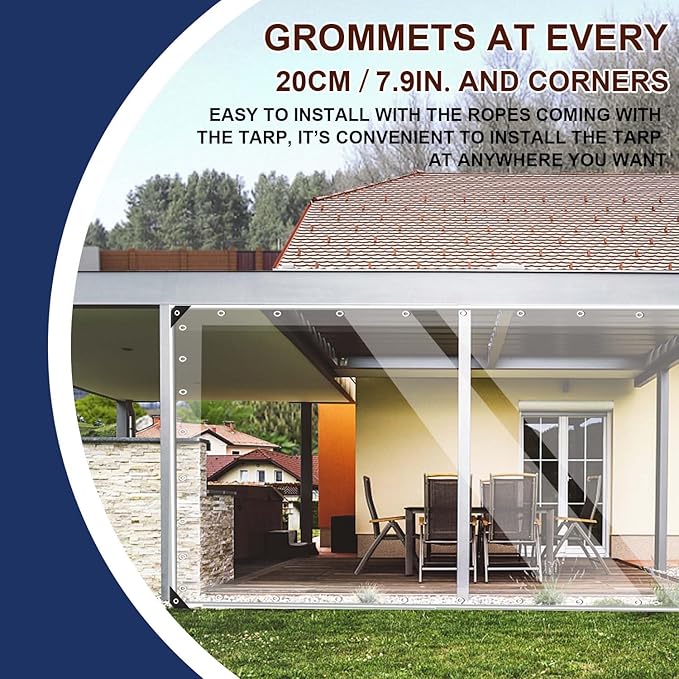 15oz Outdoor Clear Curtain, PVC Vinly Outdoor Clear Panel Curtain, Weather Resistant Outdoor Curtain for Pergola, Porch, Gazebos, with Rustproof Grommets-8'H x 7'W(84''W x 96''L,H=L)