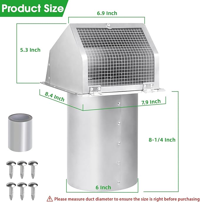 6 Inch Wall Vent Cover,Exterior Wall Vent Hood with Screen and Damper Exhaust Dryer Vent Cover Outside,External Extractor Wall Exhaust Vent Cap for Range Hood Kitchen Outdoor Air Vent,Stainless Steel