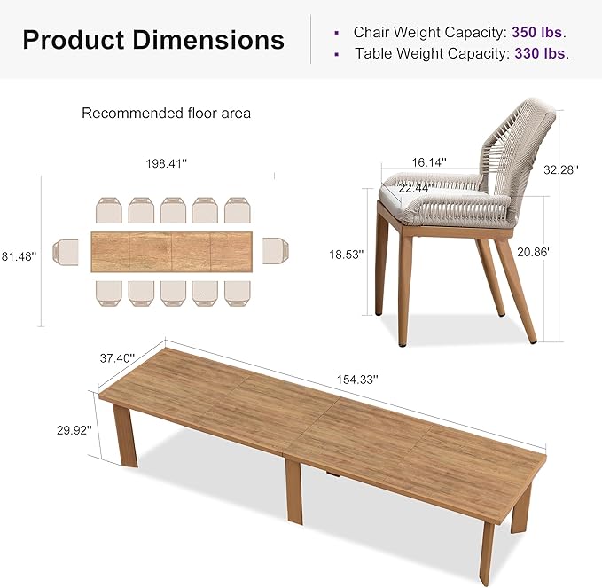 PURPLE LEAF 13 Pieces Patio Dining Set Aluminum Rectangular Table and Wicker Chairs with Cushions for Kitchen Porch Garden Modern Outdoor Furniture Sets, Teak