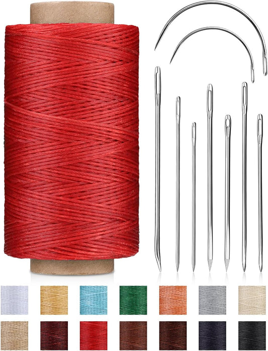 DIUDUS 218 Yards Upholstery Thread Heavy Duty, Waxed Leather Thread Sewing Kit with Heavy Duty Needles, Thread for Hand Sewing Leather Craft Repair Leather Shoes Bags Sofa (Red)