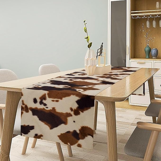 Cowhide Print Table Runner, Western Farm Animal Fur Wildlife Rustic Table Runner for Kitchen Farmhouse Dining Home Banquet Party 13x90in