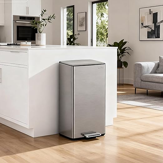 mVm Kitchen Trash Can, 40Liter / 10.6 Gal Brushed Stainless Steel Trash Can With Lid And Foot-Pedal, Soft-Close, Odor Control,Anti-Fingerprint,Garbage Can For Kitchen,Living Room,Office(Metallic Gray)