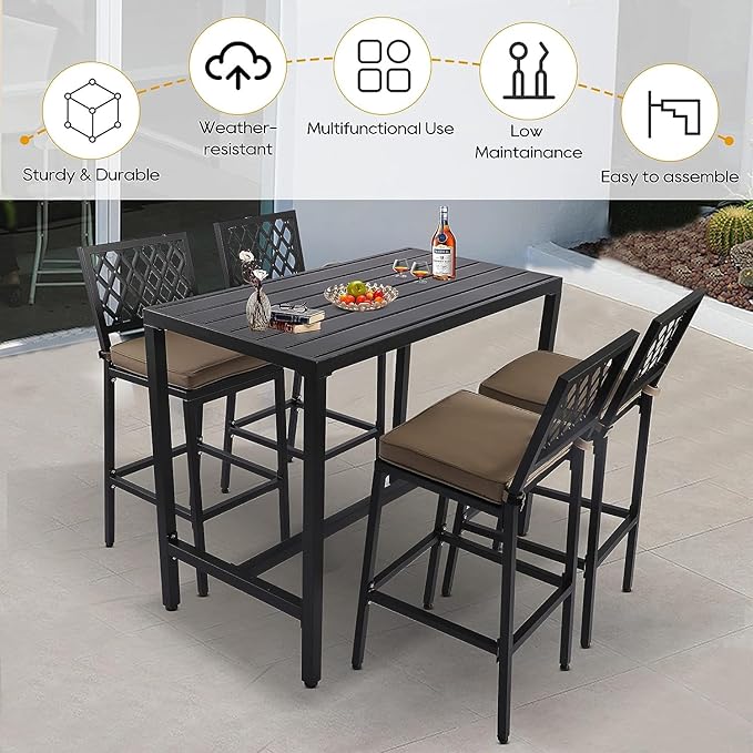 5-Piece Outdoor Patio Bar Set, Bar Height Patio Dining Set, Weather-Resistant Bistro Counter Pub Set with Cushions & Slatted Tabletop for Backyard, Garden, Yard