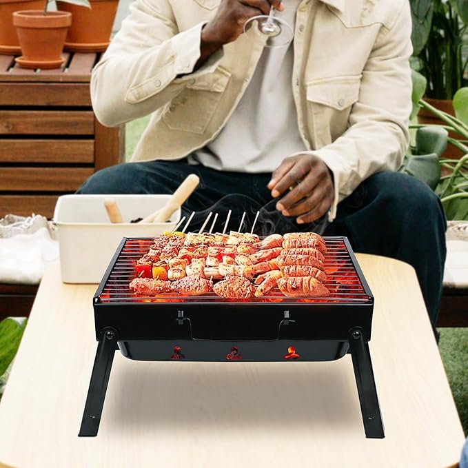 Portable Charcoal Grill for Camping Tailgating Beach Boating Foldable Small Barbeque Grill for Outdoors Lightweight Tabletop BBQ Grill Set with Tongs Gloves Scrubber