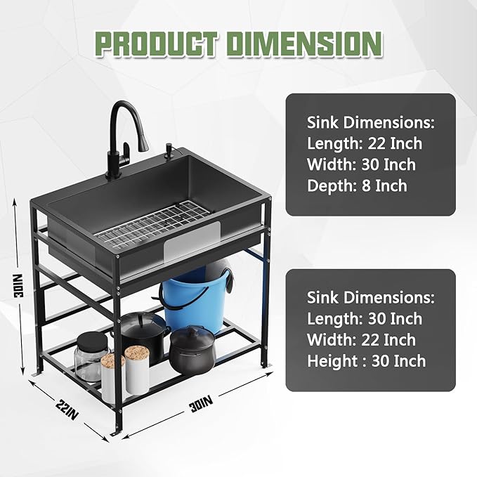Black 30x22 Inch Freestanding Utility Sink-Stainless Steel Laundry Sink Practicality With Accessories Black Stainless Faucet,Soap Dispenser, SS Sink Grid For Laundry,Garage,Outdoor Kitchen,Garden...