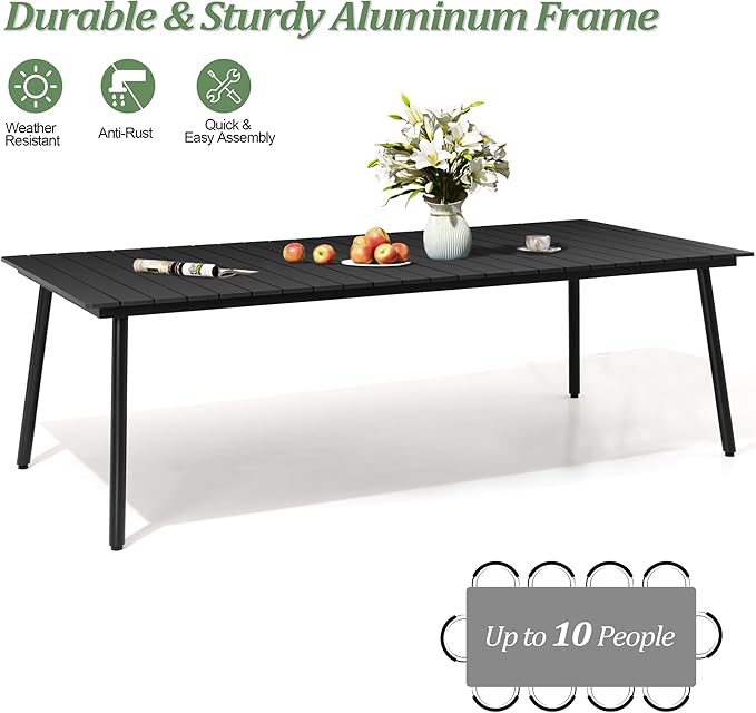 95" Patio Outdoor Dining Table for 8-10, Weather-Resistant Wood-Grain Top with Aluminum Frame & Umbrella Hole for Deck Gatherings, Black