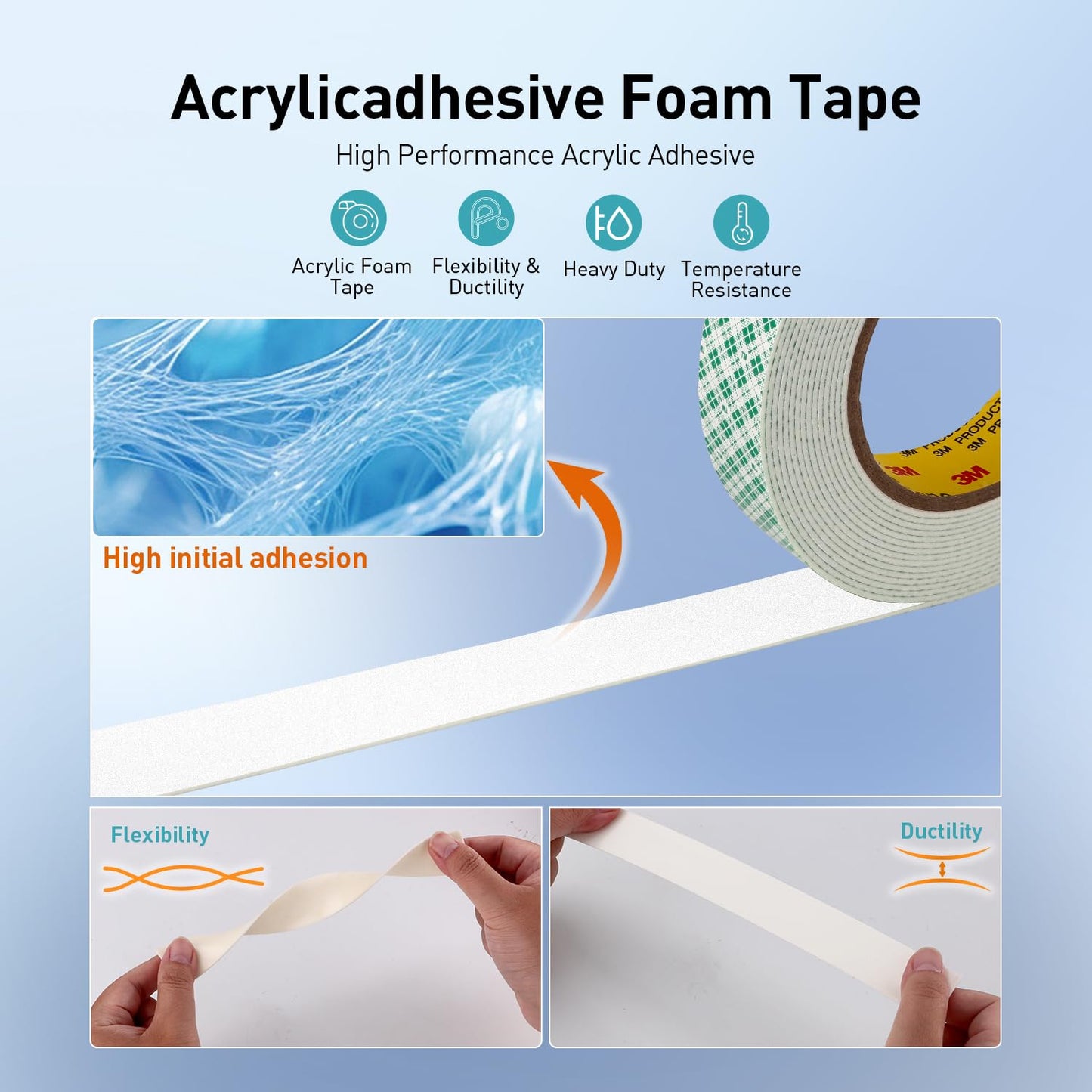 Double Sided Tape Foam Tape 3/4" x 18Ft Made of 3M High Shear Adhesive Mounting Tape with High Temperature Resistance for Interior Exterior Mounting Applications and Home Office Deco (Pack of 2)