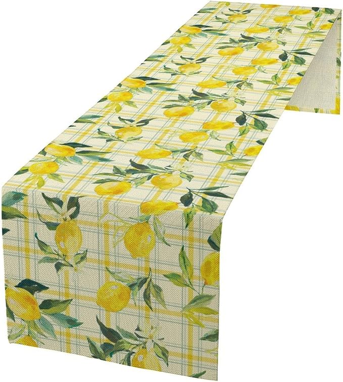 Yellow Plaid Lemon Table Runner Nature Watercolor Plant Countryside Farm Fruit Aesthetic Dining Table Decoration for Home Holiday Party Dresser Kitchen Cabin Restaurant Wedding Decor 13×120in