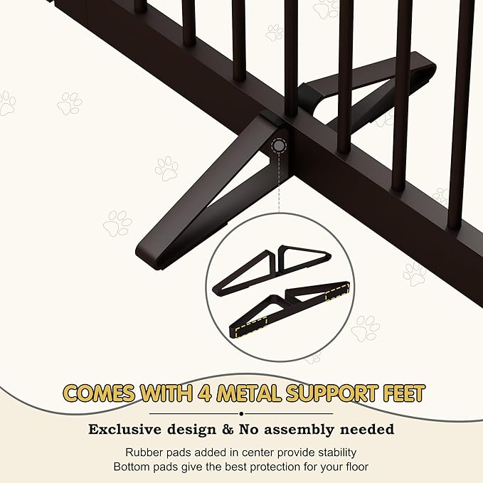 Freestanding Pet Gate with Door, Tall Dog Gate for House, Extra Wide, Pet Puppy Safety Fence, Support Feet Included, 120 Inch Wide, 6 Panels 32" Tall, Brown