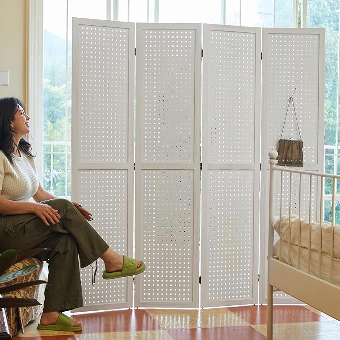 Room Divider Freestanding Folding Pegboard Privacy Screen 4-Panel Display Stand for Jewelry Craft Shows Retail Natural Wood Portable Space-Saving