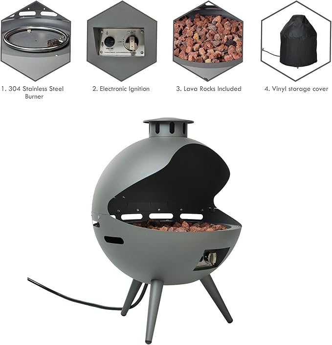 24-Inch Chimenea Outdoor Gas Fireplace, 55,000 BTU Propane Fire Pit with Lava Rocks and Rain Cover, Hemispherical 3-Legged Firepit, Gray