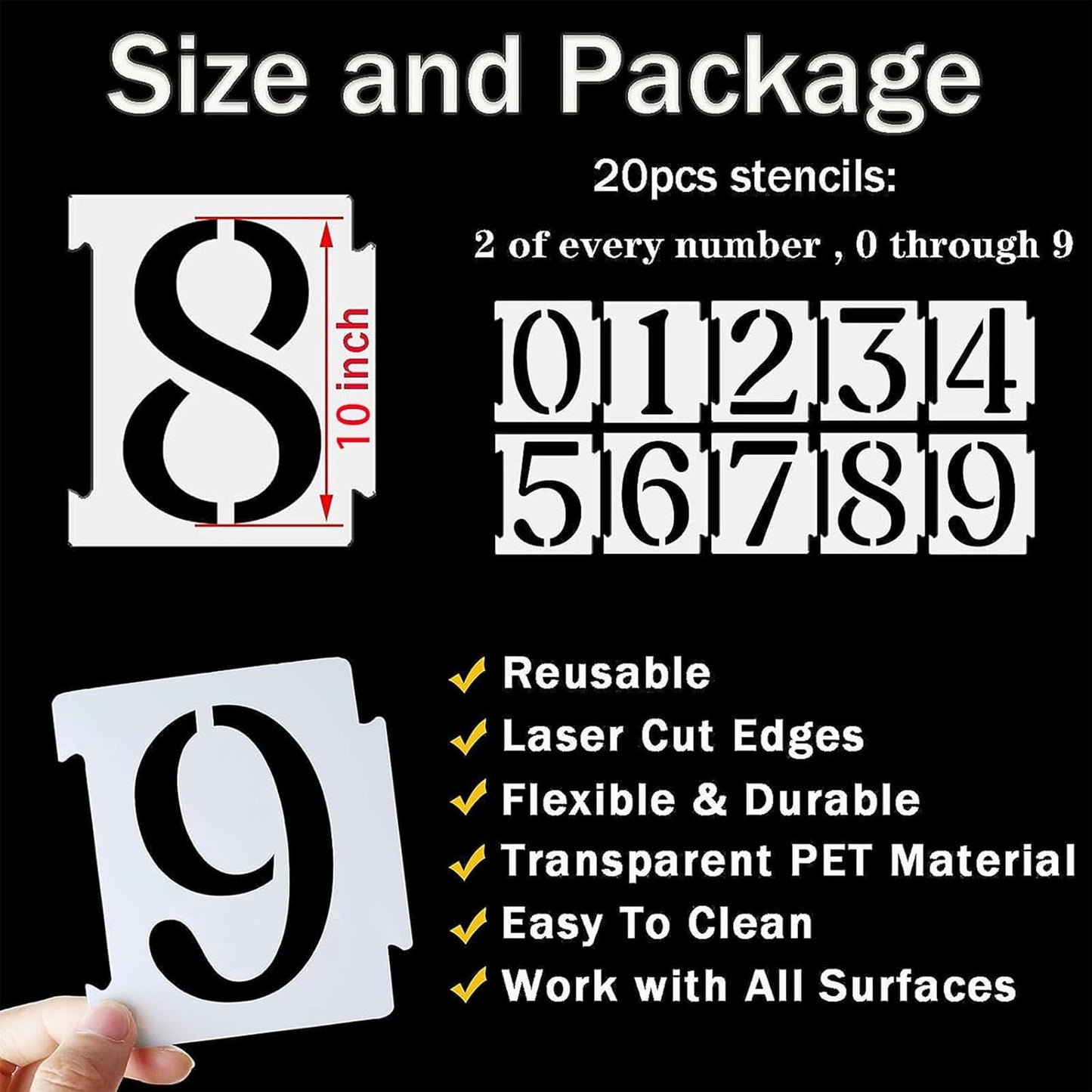 YEAJON 10 Inch Curb Stencil Kit 0-9 Address Number Stencils, 20Pcs Reusable 14 Mil Mylar Plastic Templates for Painting on Road, Wall, Wood, Mailbox