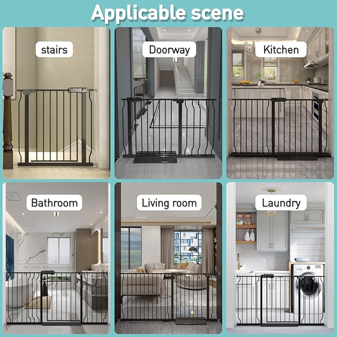 WAOWAO Baby Gate 57.48-62.20" Extra Wide Pressure Mounted Walk Through Swing Auto Close Safety Black Metal Toddler Kids Child Dog Pet Puppy for Stairs,Doorways,Kitchen