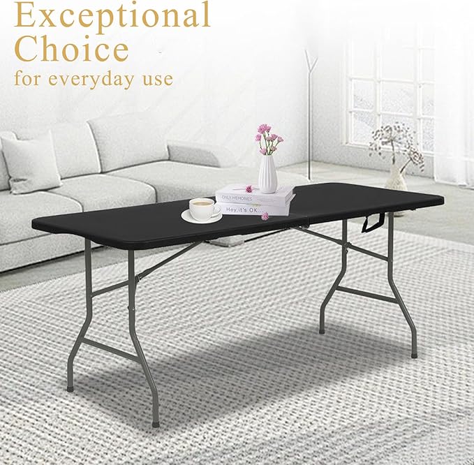 Folding Tables with Carrying Handle Lightweight Rectangular Portable Plastic Camping Table Steel Legs for Party, Dining, Wedding, Events, Picnic Indoor, Outdoor (5FT, Black)