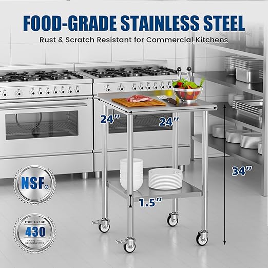 Stainless Steel Work Table with Wheels, 24x24 Inch NSF Food Prep Worktable with Backsplash & Adjustable Undershelf for Commercial Kitchen, Restaurant, Garage, Outdoor BBQ