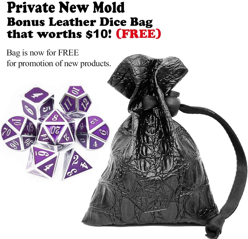 Haxtec Metal DND Dice Purple Silver with PU Leather Dice Bag D&D Dice Set for RPG Compatible with Dungeons and Dragons Gifts TTRPGs-Silver Royal Purple