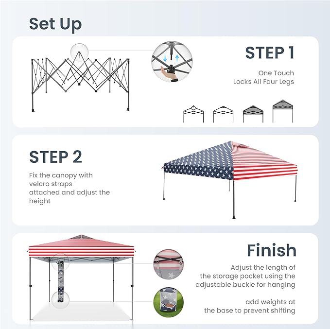 PHI VILLA 10x10 Pop Up Canopy Tent - One Push Setup, Instant Shade Tent with Vented Roof for Beach & Events - Includes Storage Bag, Sandbags, Stakes & Ropes (American Flag)