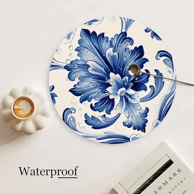 Faux Leather Placemats Set of 4,Watercolor Blue and White Porcelain Patterns Round Ding Table Placemat Heat-Resistant Waterproof Non-Slip Place Mats for Uitable for Indoor & Outdoor,13inch