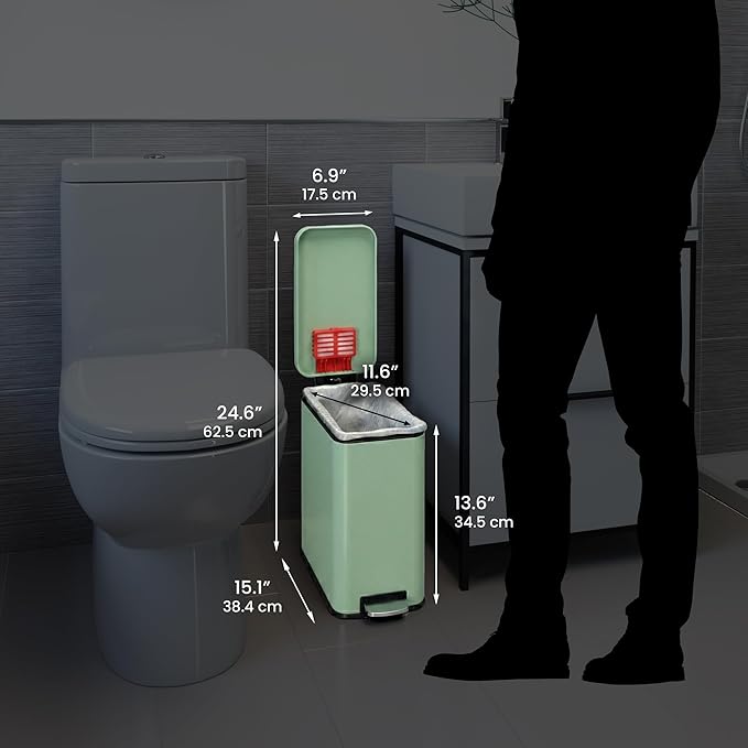 iTouchless SoftStep 3 Gallon (11.4L) Slim Bathroom Trash Can with Lid, Pastel Green Stainless Steel Fingerprint-Proof, Silent Soft-Close Pedal, AbsorbX Odor Filter Removable Bucket Dorm Bedroom Office