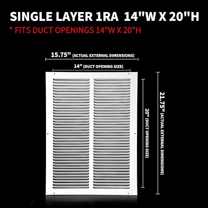 14x20 Return Air Grille(Duct Opening Size),Air Return Vent Cover,Flat Vent Cover,Rejillas De Aire Acondicionado para Casa,Return Air Grilles,Outer Dimensions:15.75"Wx21.75"H(14"Wx20"H, Duct Opening)