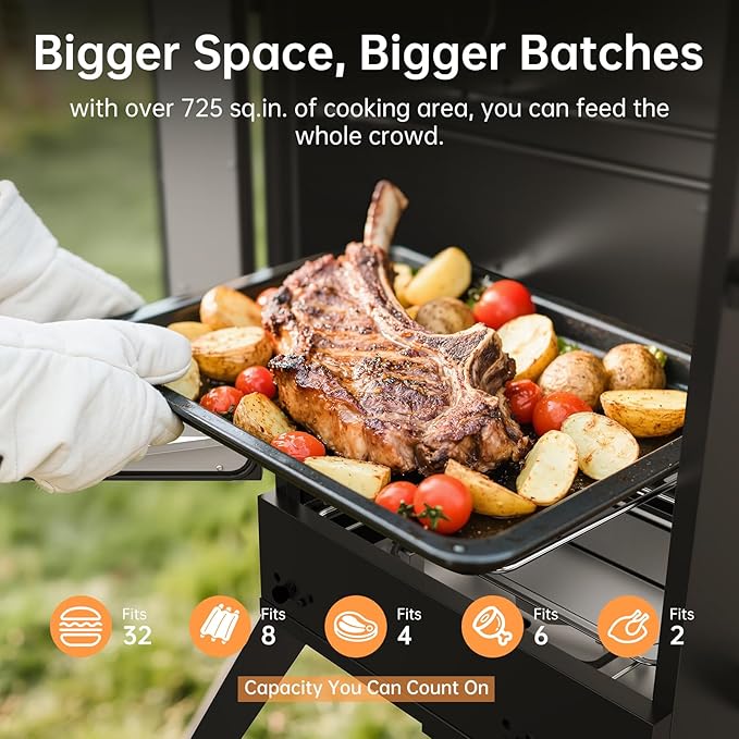 TABU 30-inch Electric Vertical BBQ Smoker with Thermometer & Leg Kit, Large Meat Smoker with Water& Wood Trays for Outdoor Backyard, Black