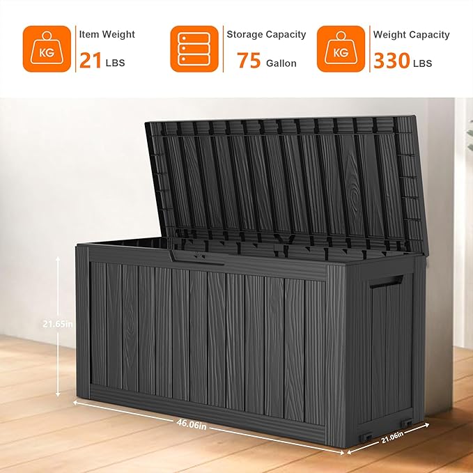 75 Gallon Outdoor Storage Box – Resin Deck Box with Lockable Lid, Waterproof Patio Furniture Storage for Tools, Garden & Yard Organization