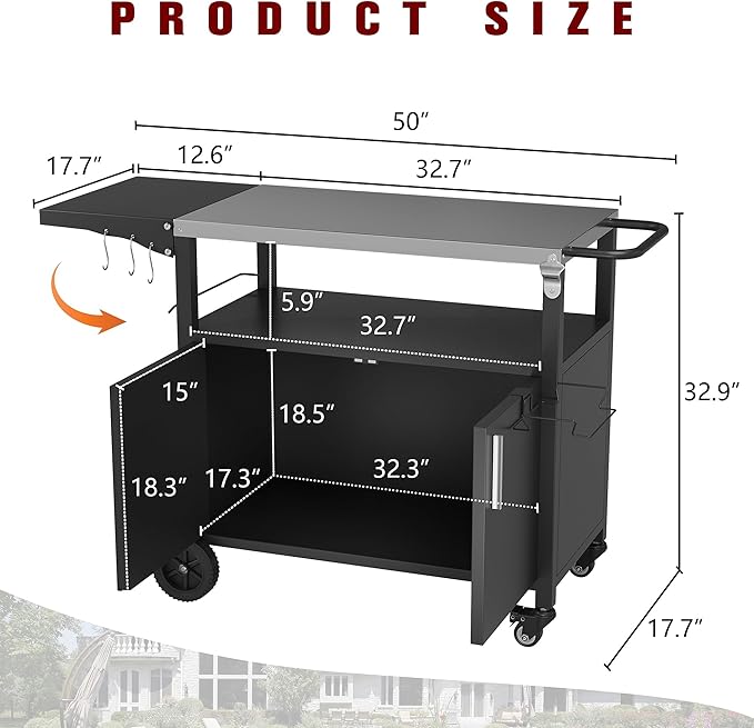Vongrasig Grill Cart with Storage, Outdoor Bar Cart Rolling BBQ Movable Pizza Oven Table Stand with Foldable Stainless Steel Top & Storage Cabinet, Black