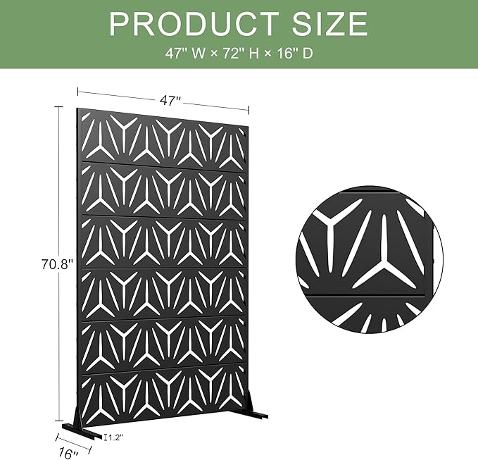 Casaphoria Metal Privacy Screen Outdoor, 72" H x 47" W Freestanding Decorative Privacy Screen for Patio Deck Balcony Garden with Stable Base, Black-stellate