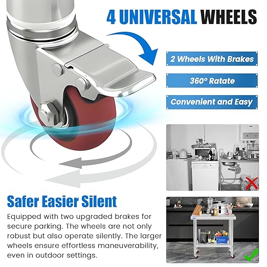 Stainless Steel Table for Prep & Work with 4 Caster Wheels with Backsplash 24 x 36 NSF Metal Commercial Kitchen Adjustable Under Shelf Worktable for Restaurant Home Outdoor