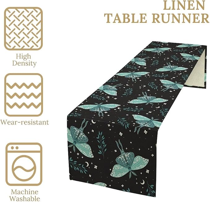 Butterfly Moth Table Runner, Boho Moon Green Leaves Plant Print Table Runner for Farmhouse Kitchen Dining Table Holiday Party Home Decor 13x120in