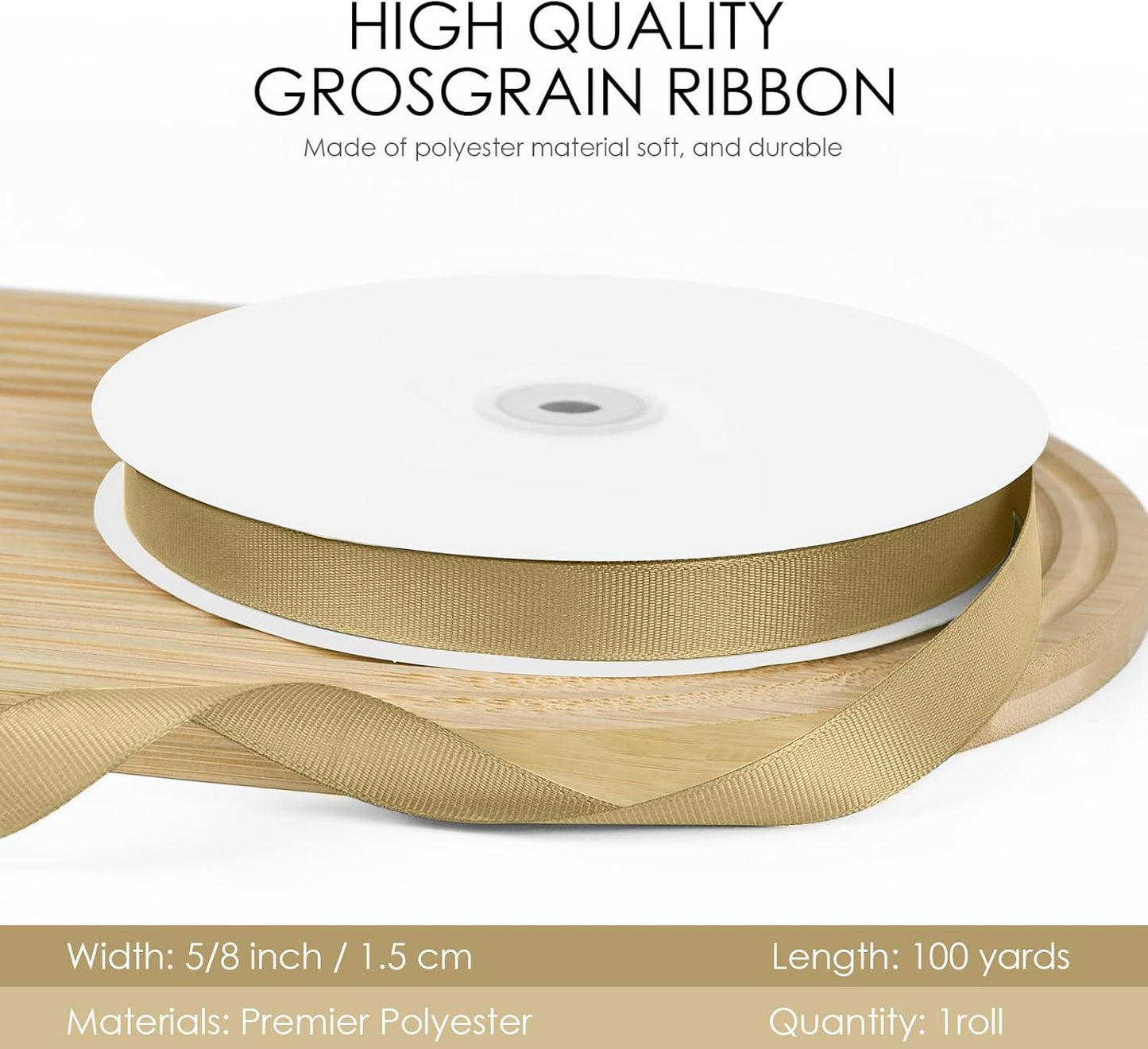 100 Yards 5/8 inch Grosgrain Ribbon, Solid Color Fabric Ribbon Perfect for Gift Wrapping, Wedding, Handmade Bows, Floral Bouquets and Party Decoration(Champagne Gold)