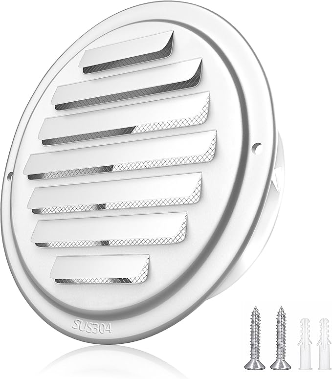 3'' Shiny Silver Paint Stainless Steel Air Vents, Louvered Grille Cover Vent Hood Flat Ducting Ventilation Air Vent Wall Air Outlet with Fly Screen Mesh for House (3 inch Shiny Silver Paint Cover)