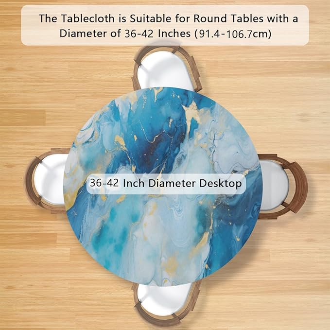 Marble Pattern Ink Blue Round Table Cloth Cover, Elastic Edge Waterproof Wipeable Tablecloths 36"-42" Polyester Tablecloth for Party Restaurant Banquet Holiday Camping Outdoor Picnic