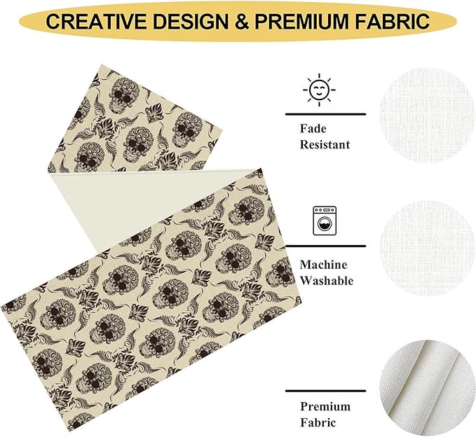 Gothic Table Runner, Retro Antique Damask Skull Pattern Classic Halloween Boho Black Coffee Vintage Table Center Decor for Kitchen and Dining Outdoor Home Country Party Table Decorations, 13"x108"
