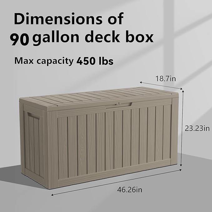 90 Gallon Resin Deck Box, Lockable Patio Outdoor Storage Box for Furniture, Garden Tools and Tools Storage, Waterproof Outside Storage Boxes - Grey