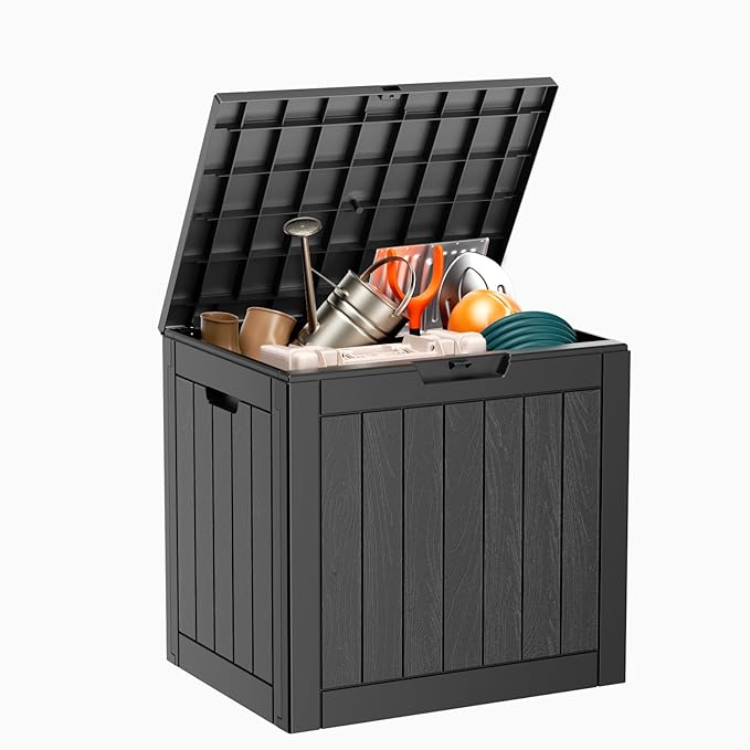 31 Gallon Resin Deck Box, Lockable Patio Outdoor Storage Box for Furniture, Garden Tools and Tools Storage, Waterproof Outside Storage Boxes - Black