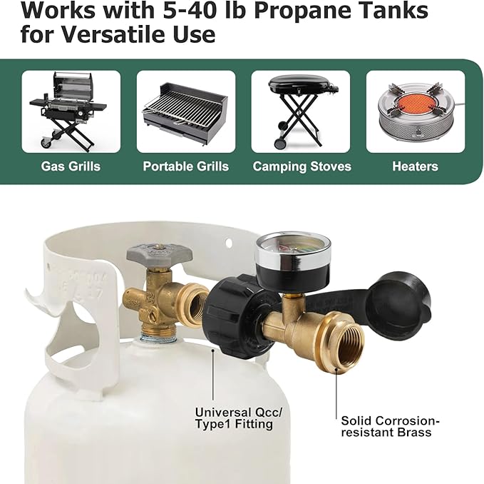 Propane Tank Gauge 2 Pack with Leak Detector Universal LP Gas Level Indicator for 5-40LB Tanks for BBQ Grill RV Camper Heater QCC1 Type 1 Connection