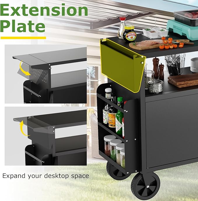 Outdoor Grill Table,Metal Grill Cart with Storage,Outdoor Bar Cart with Extension Plnel for Kitchen Prep,Patio BBQ
