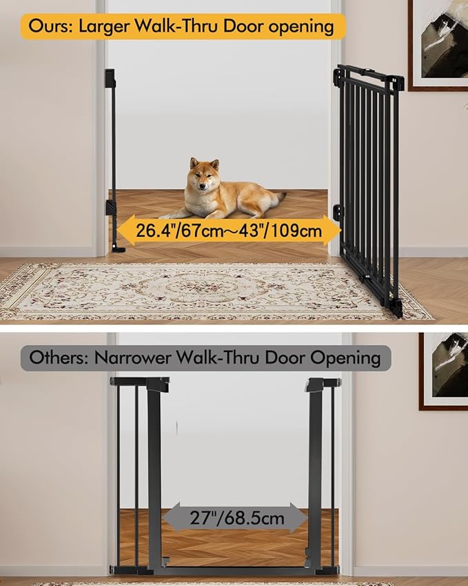 Baby Gate for Stairs Doorways & Kitchen, 26.4"-43" W x 29" H, No Bottom Bar Dog Gate, One-Handed Auto-Close, Hardware Mount Safety Gate for Dogs & Toddlers, Black