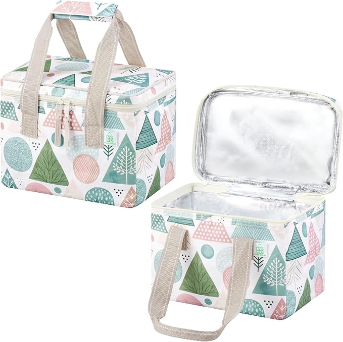 VENO 2 Pack Christmas Insulated Lunch Bag, Heavy Duty Insulated Grocery Bags, Small Cooler with Water-Resistant PP Exterior for Work, Picnic, Travel, Easy-Clean (Pastel Forest, 2 Pack)
