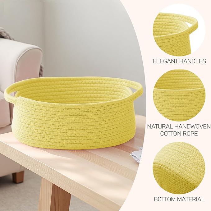 Woven Basket,Small Rope Storage Bin with Handles & Ribbon Bag, Organizer for Shelves Closets,Gift Basket Empty for Birthday,Books,Dog Toys, Yellow