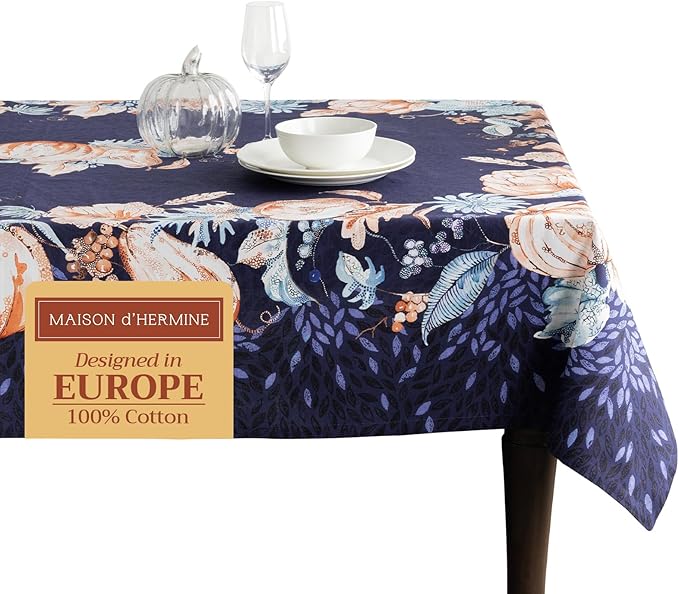 Maison d' Hermine Table Cloth Rectangle Table 100% Cotton 54 x 72 Inches Fall Tablecloth Reusable Everyday Use for Thanksgiving Christmas Decorations Dining Farmhouse Party (Pumpkin Blues)
