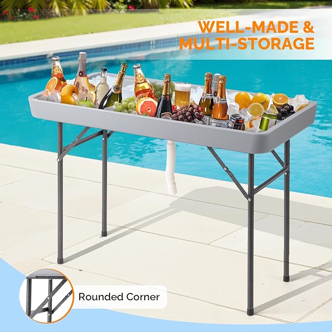 VINGLI 46" Extra LargeFolding Party Ice Cooler, Portable Tailgate Camp Fishing Cleaning Table, Plastic with Matching Skirt, Ice Table for Party, BBQ, Camping, Picnic (Grey)