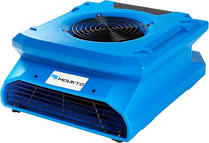 MOUNTO 1/4 HP 1200 CFM Low Profile Air Mover, 2-Speed Carpet Dryer Floor Fan with Dual GFCI Outlets, Stackable Lightweight Blower for Water Damage Restoration (Blue)