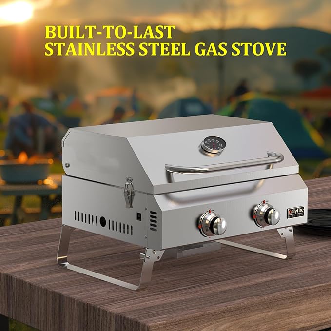Tabletop Gas Grill 2 Burners, 20" Portable Propane Grill with Foldable Legs for Outdoor Patio Backyard Camping Tailgating RV Trip Beach, Stainless Steel Gas Stove 16000BTU, GS322