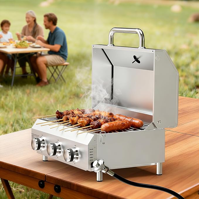 Bestfire 3-Burner Tabletop Gas Grill with Dual Connections, 30,000 BTU Portable Propane Grill Fits Large Cylinders & Small Canisters, Stainless Steel Knobs, Compact Design for Camping, RV, BBQ